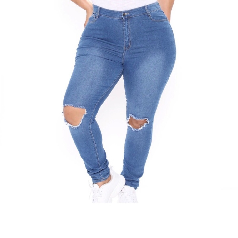 Fashion Nova High Rise Distressed Knee Skinny Jeans Medium Wash